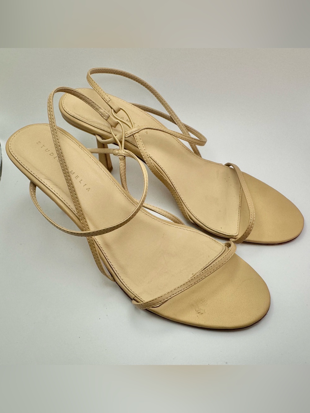 STUDIO AMELIA Neutral Beige Strappy Slingback Leather Heels Size 39